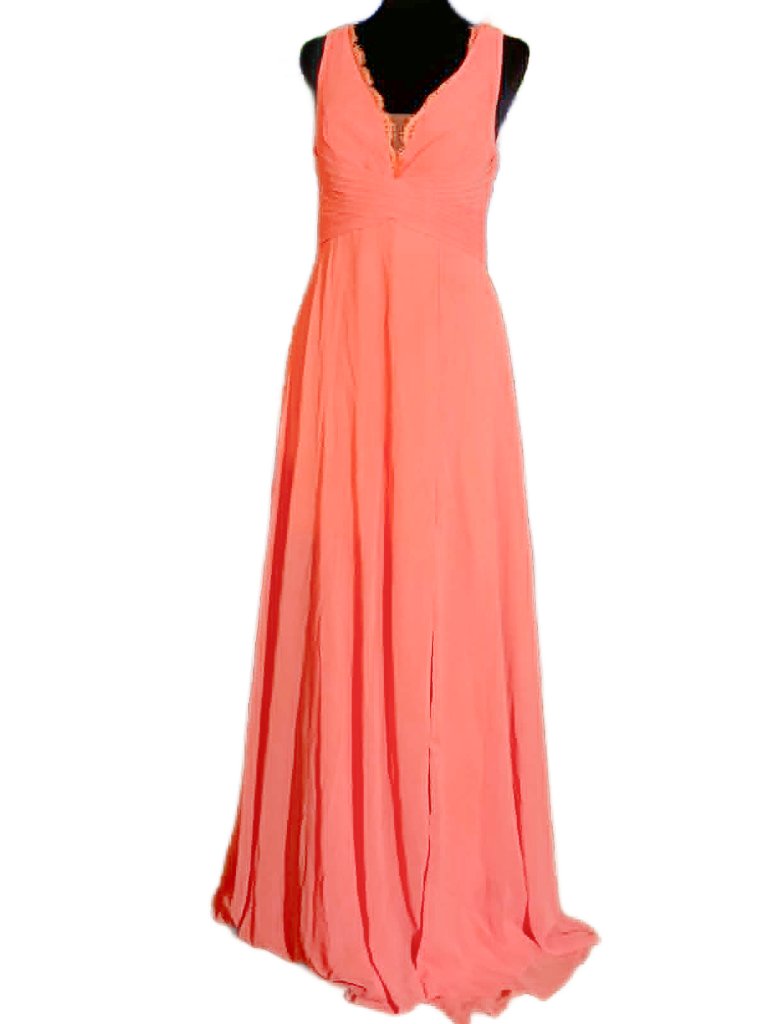 Azazie Coral Chiffon Formal Maxi Dress Size 8 Built In Bra Lace Back Bridesmaid